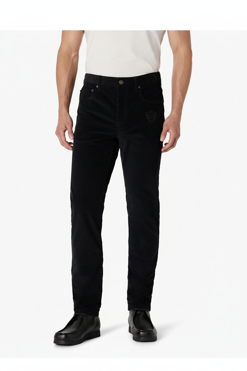 LANZO'S COLLECTION Black Slim Fit Corduroy Pants with subtle shield logo