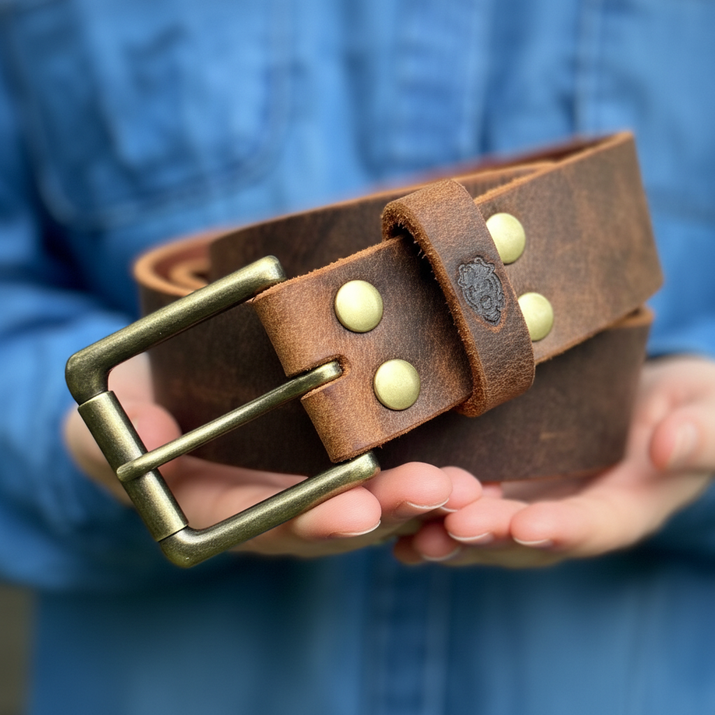 Close-up of vintage brass buckle and rivet details