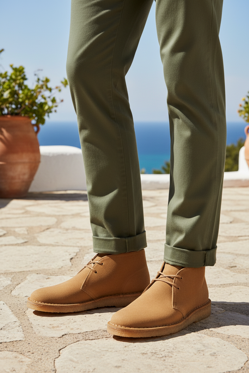 Clarks Desert Boot Honey Nubuck — lifestyle editorial shot