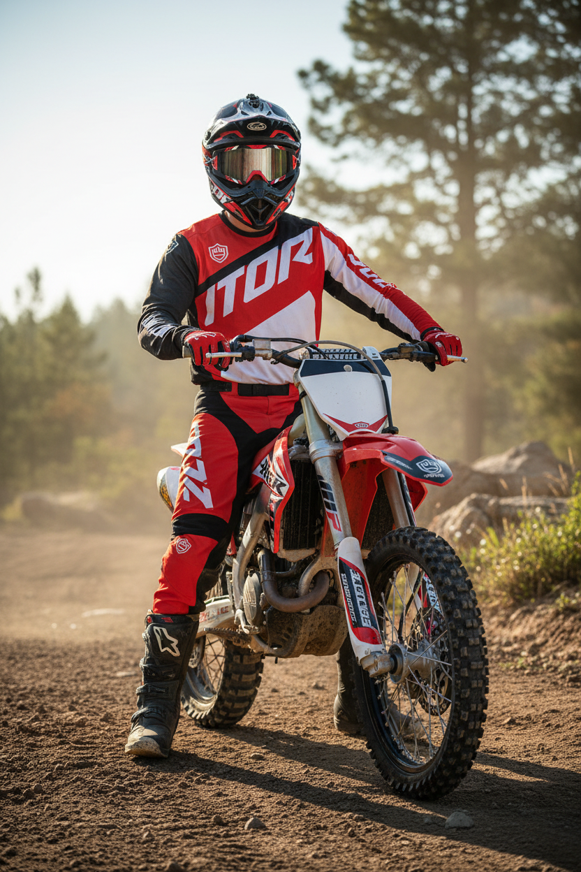 Rider wearing motocross goggles with complete trail riding gear