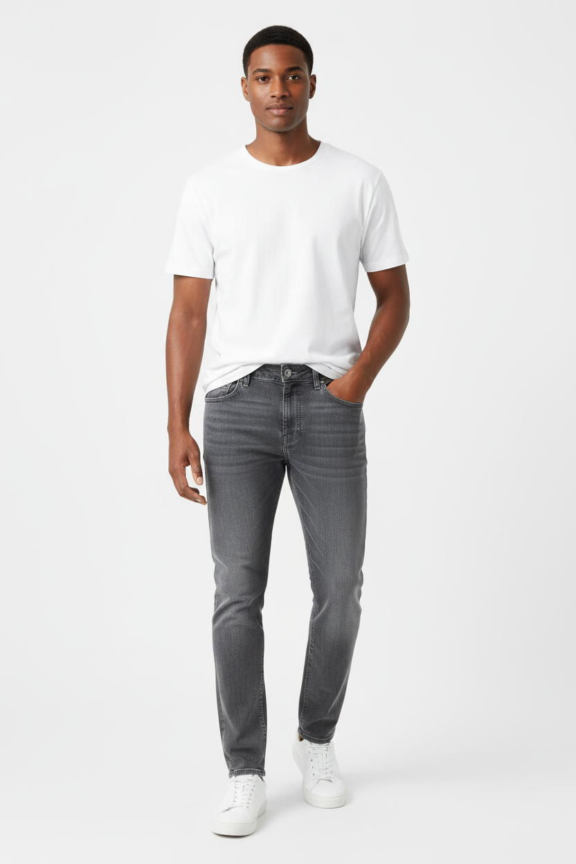 Men's grey washed slim fit jeans worn on model with white sneakers