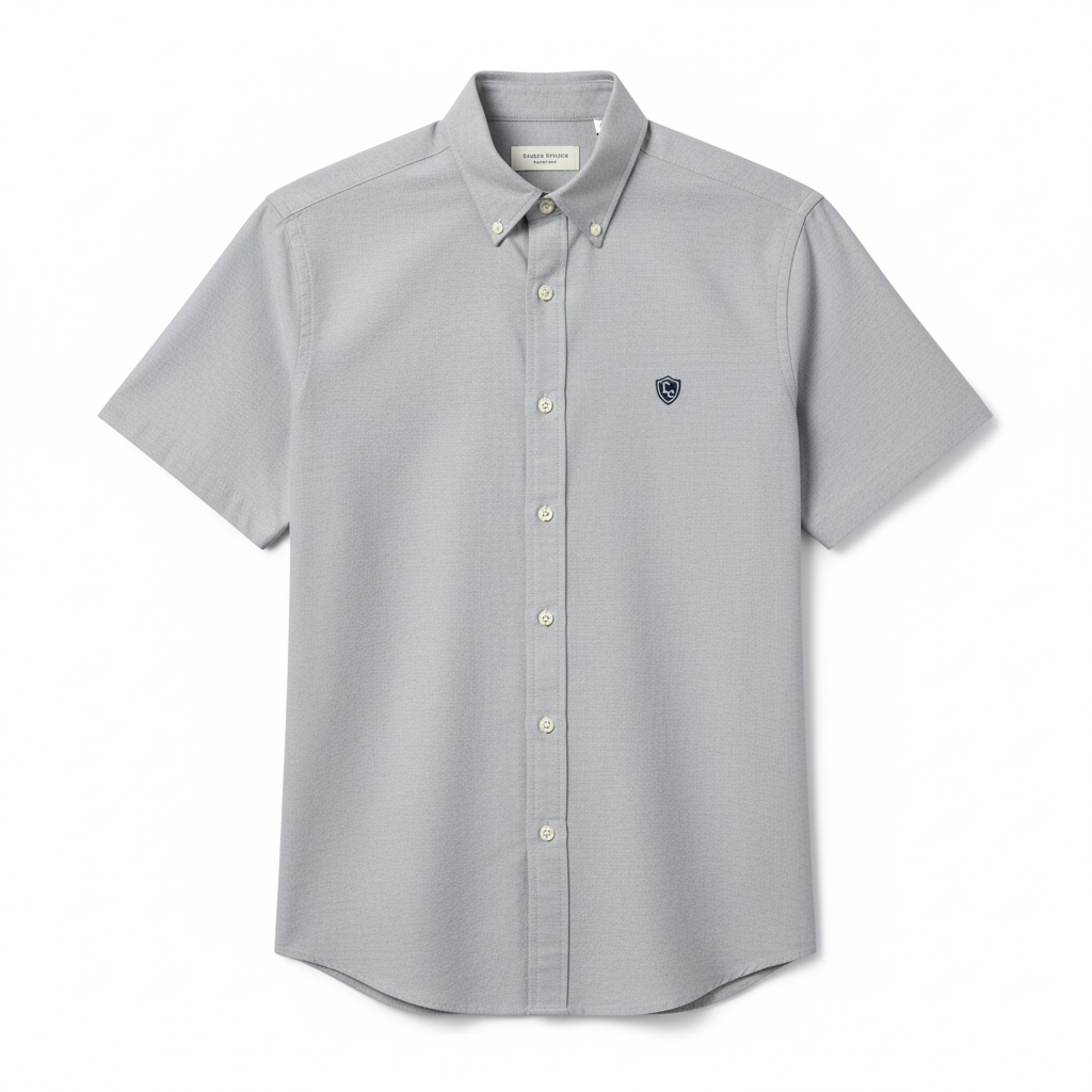 LC Shield Short Sleeve Oxford Shirt in Grey – Hero Studio Shot