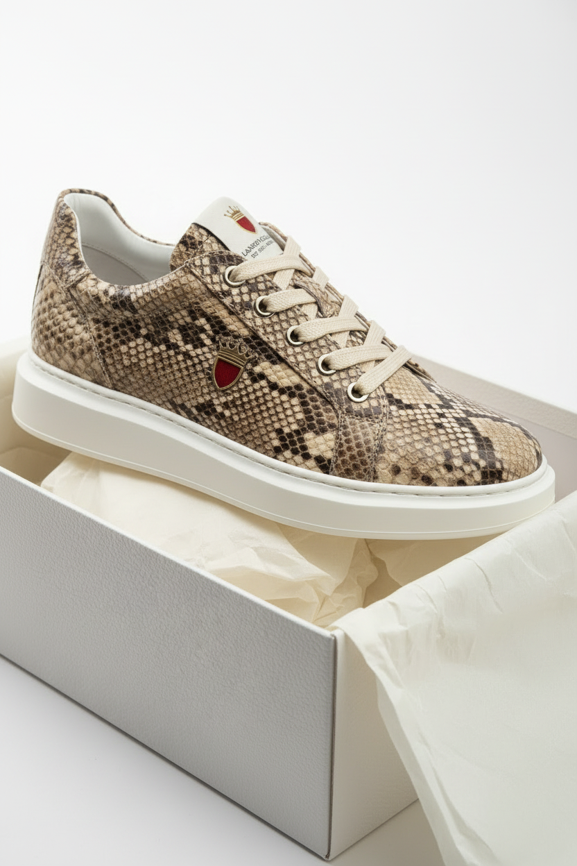 Neutral Beige Snake Material Sneaker - Luxury Packaging with Red Logo