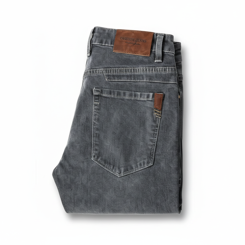 Men's grey washed denim jeans folded on white background