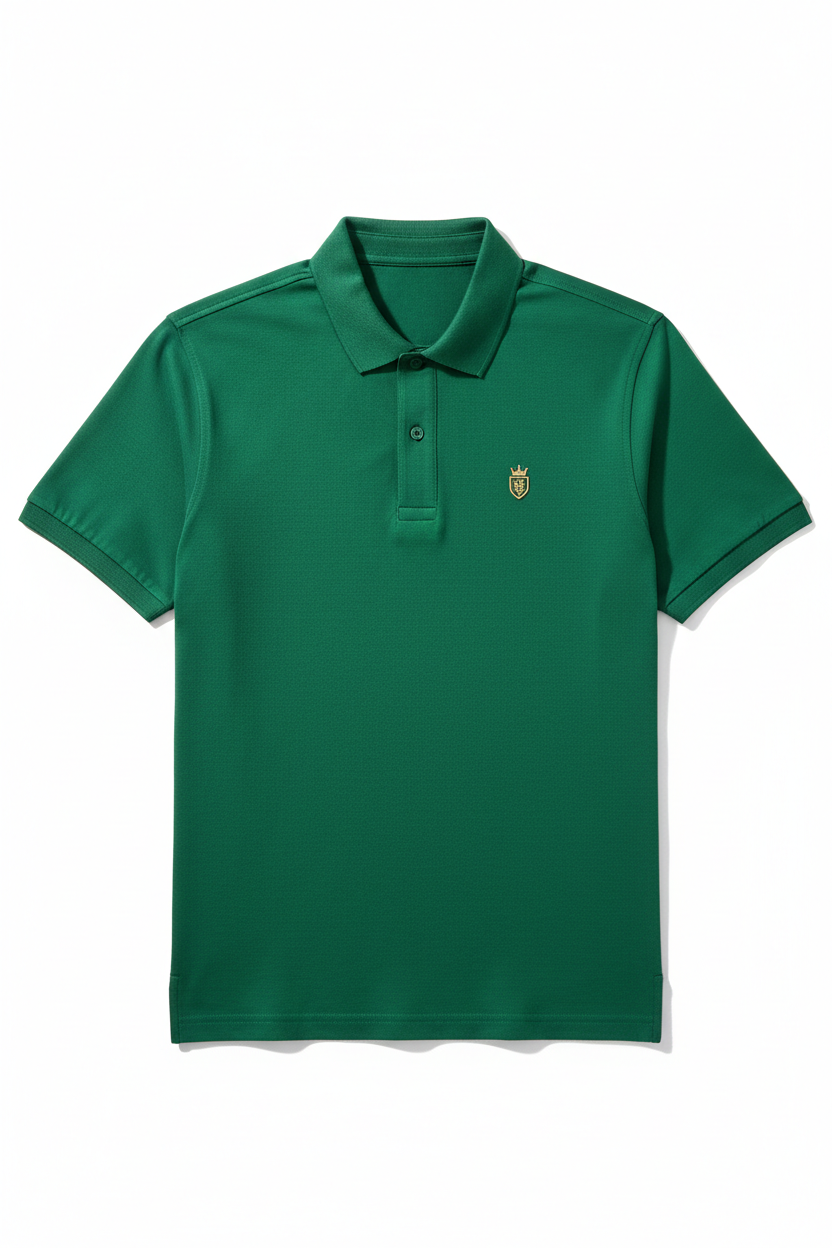 Forest green premium cotton polo shirt with gold crowned shield logo