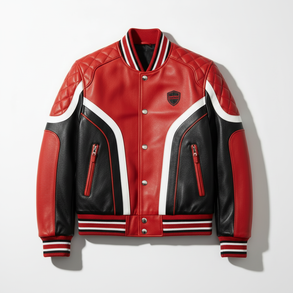 Red and black varsity racing jacket product shot