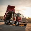 W900 Kenworth dump truck in red and chrome at construction site with raised dump bed