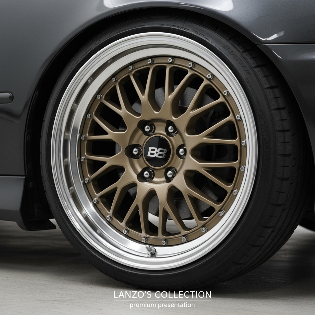 BBS mesh wheel detail - close-up of gold center and polished lip