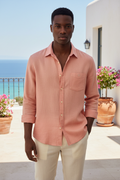 LANZO'S COLLECTION Salmon Pink Linen Shirt — model editorial shot