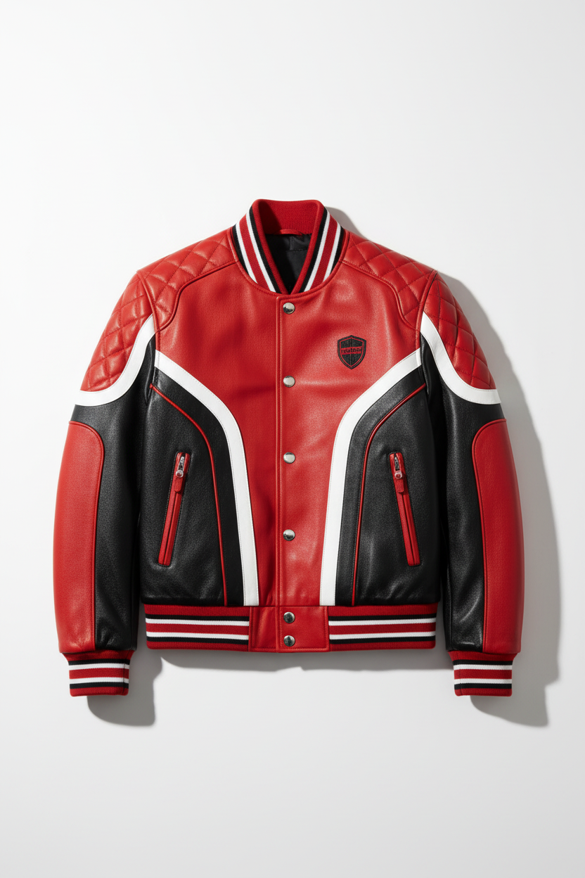 Premium red and black varsity racing jacket with quilted panels