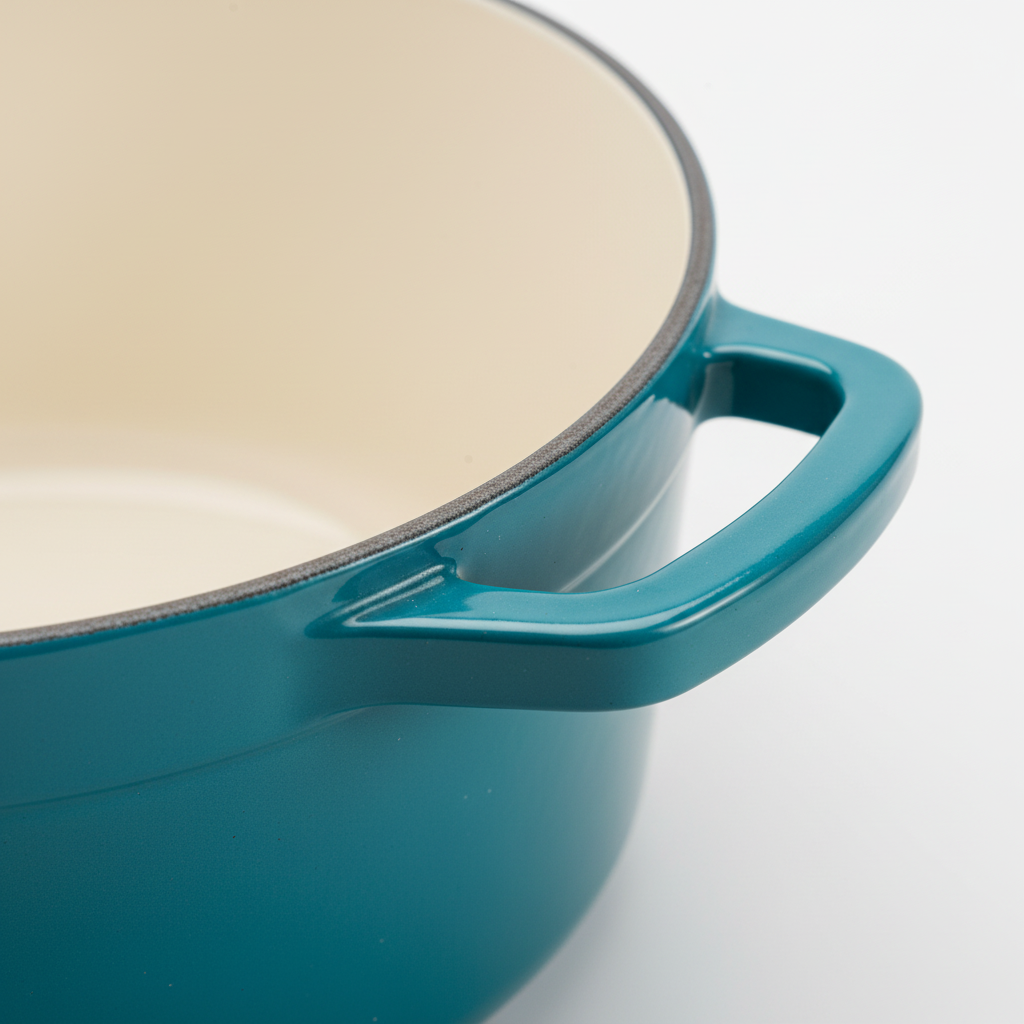 Close-up of teal cast iron enamel finish and cream interior detail