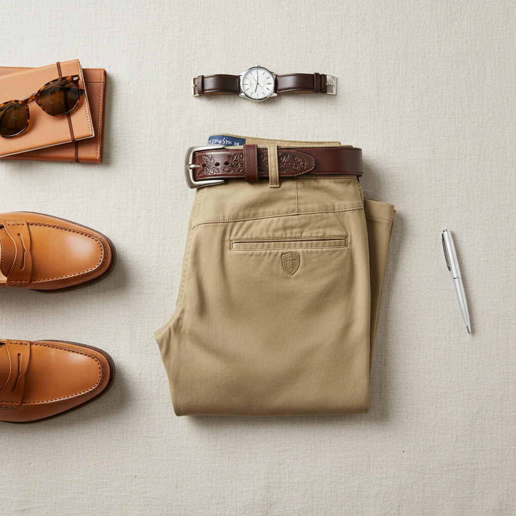 Khaki Chino Pants - Social Media Flat Lay