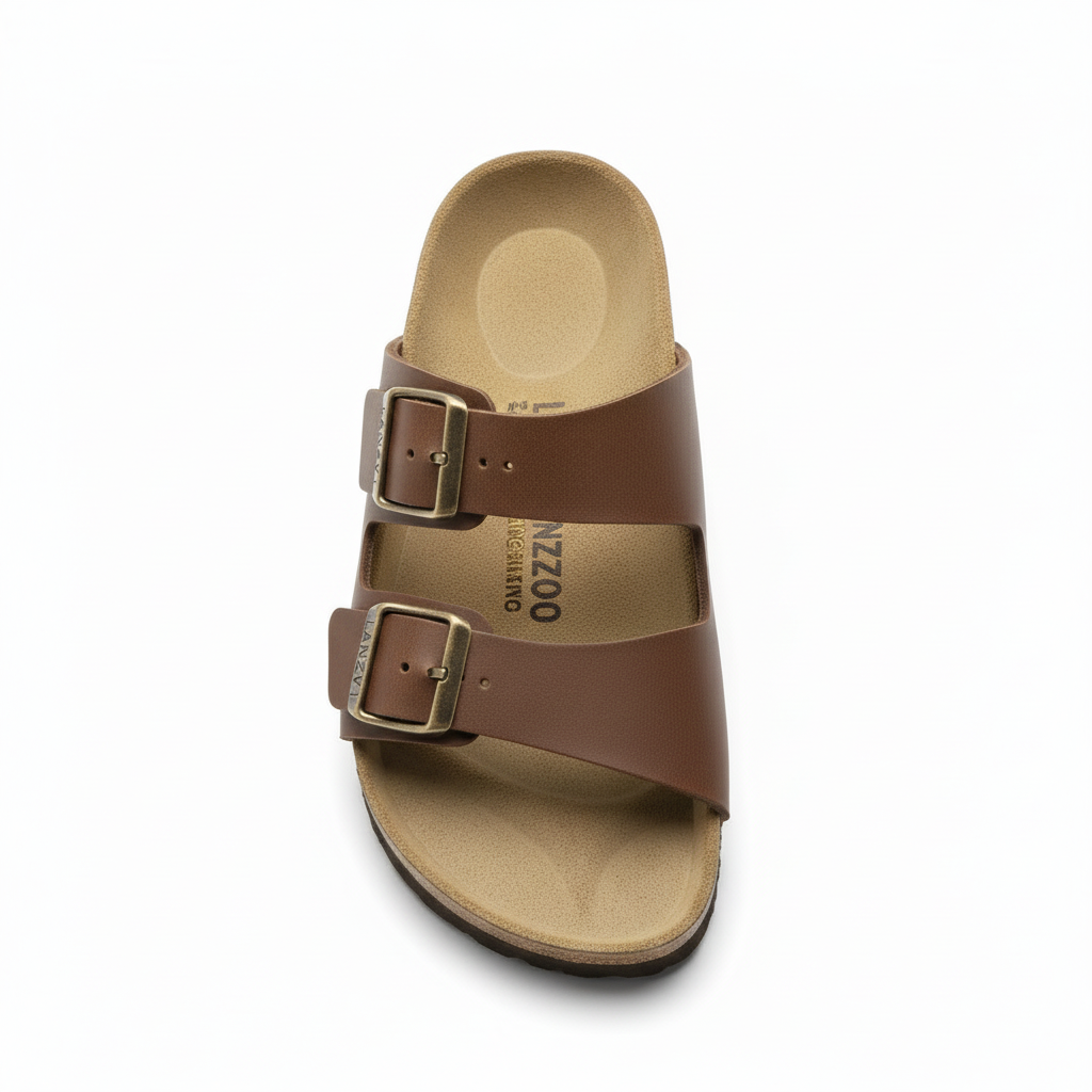 LANZO Brown Leather Buckle Sandals - Top View