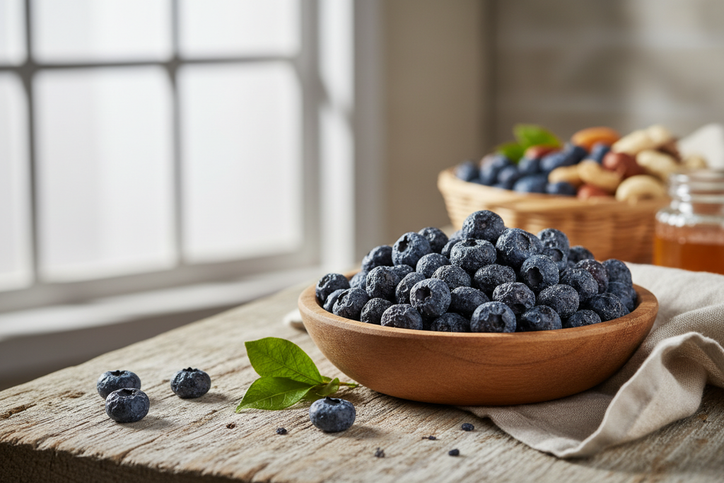 Dried Blueberries in Wooden Bowl