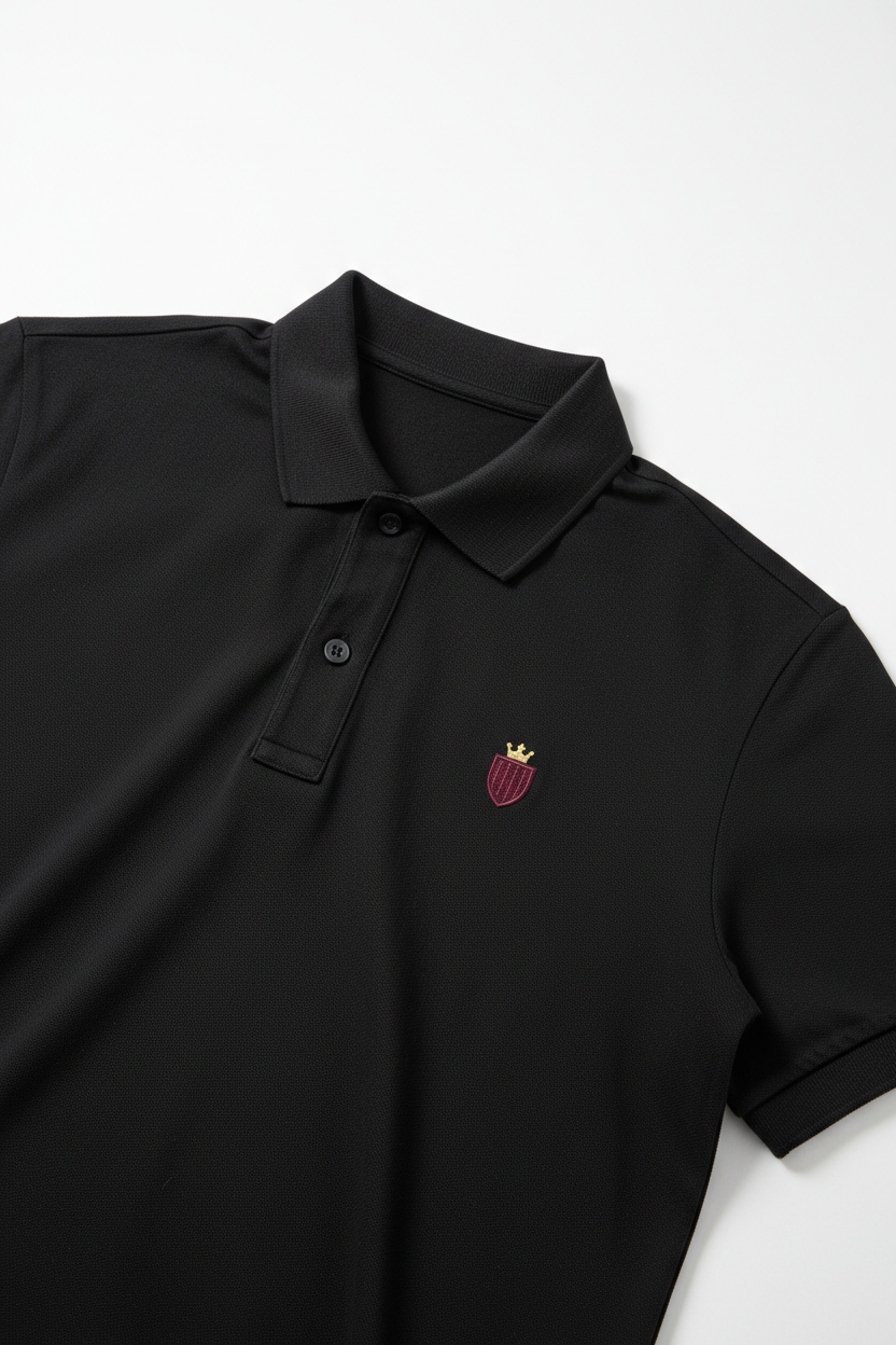 Black premium cotton polo shirt with red crowned shield logo