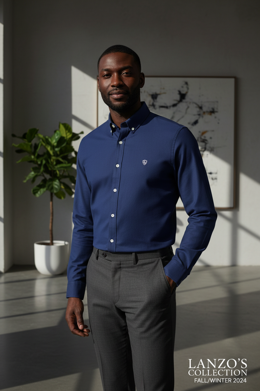 LC Shield Oxford Button Shirt in Navy Blue – Lifestyle Campaign Shot