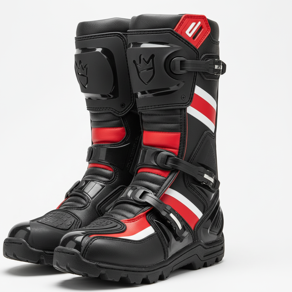 Close-up detail of motocross boot buckles and construction