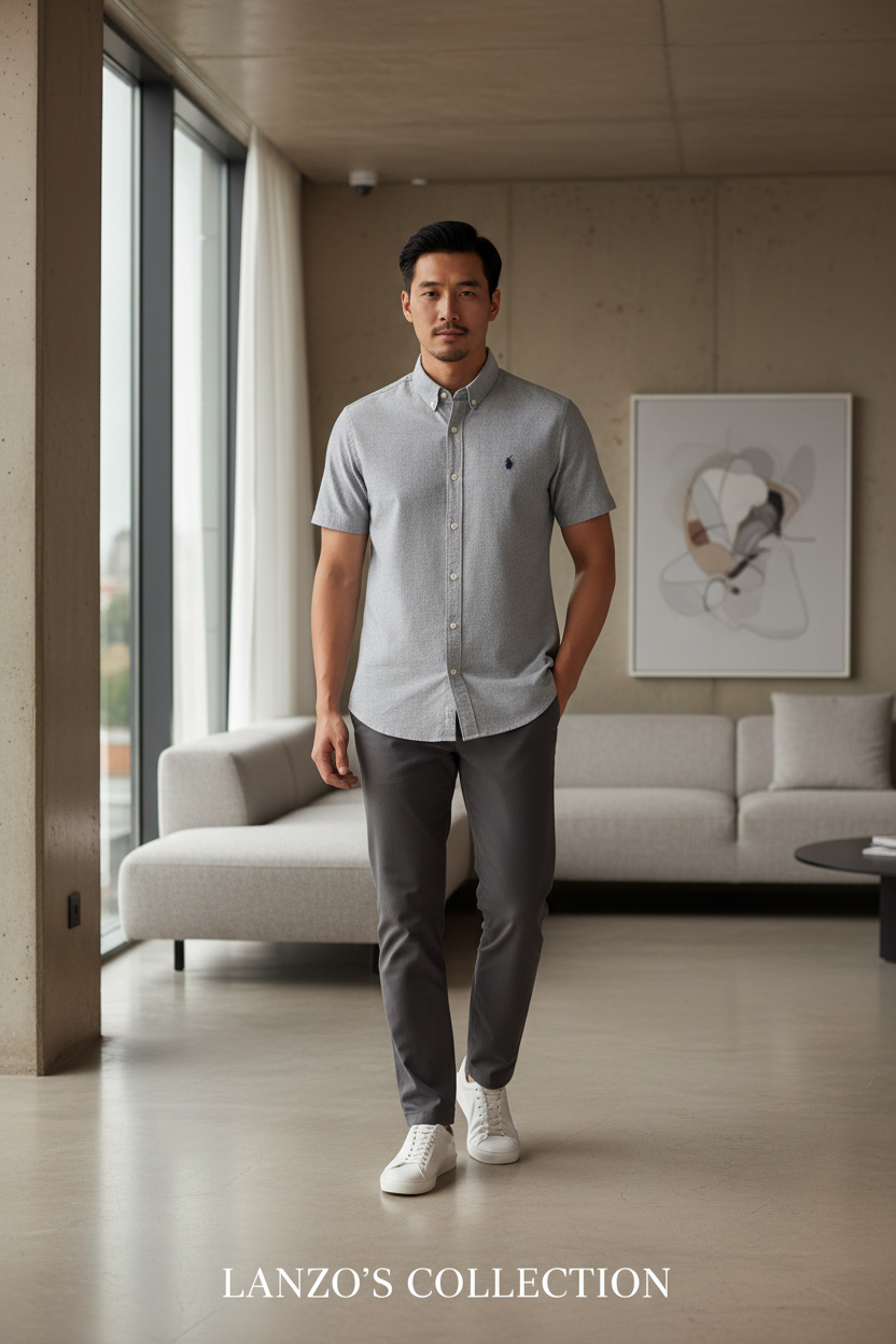 LC Shield Short Sleeve Oxford Shirt in Silver Grey – Lifestyle Campaign Shot