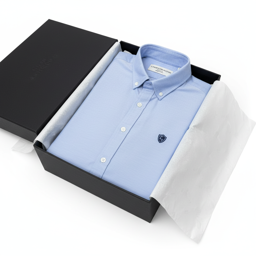 LC Shield Short Sleeve Oxford Shirt in Light Blue – Luxury Unboxing Shot