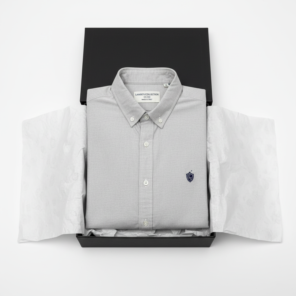 LC Shield Short Sleeve Oxford Shirt in Grey – Luxury Unboxing Shot