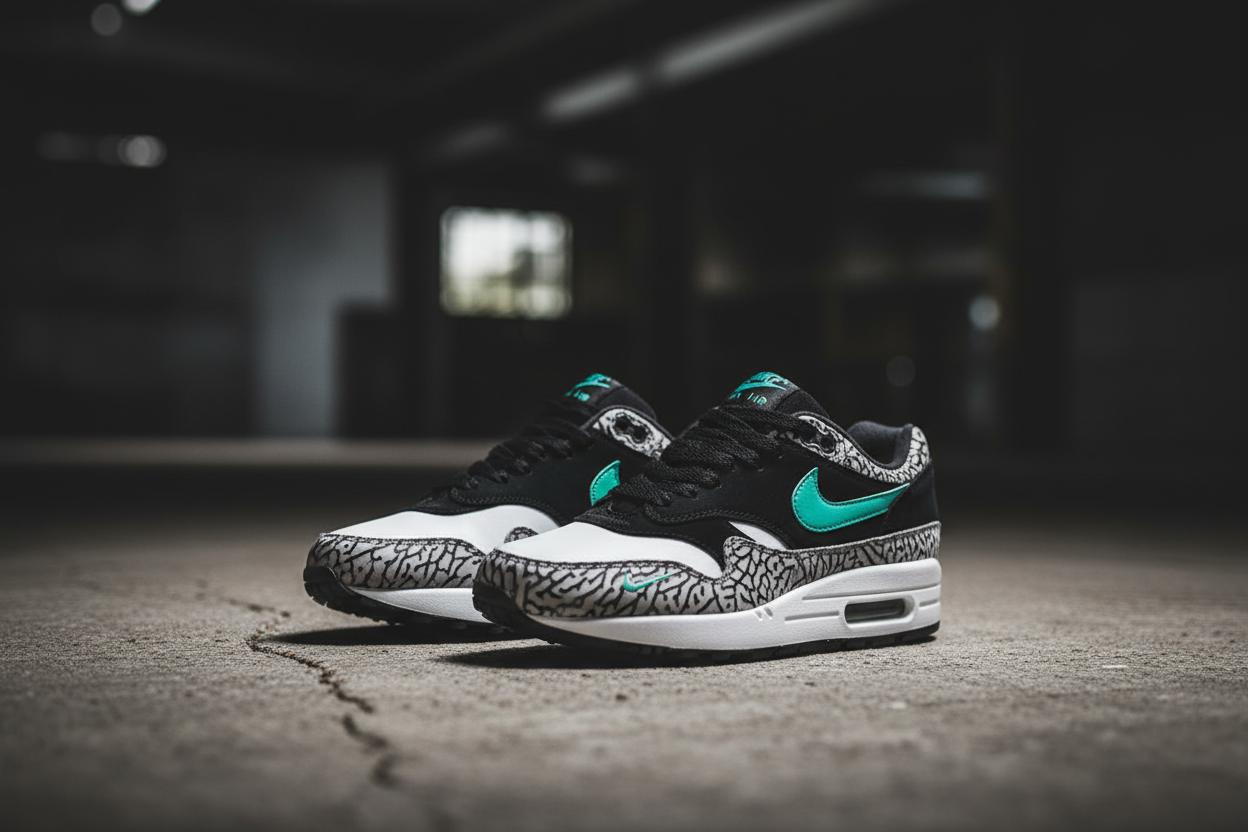 Atmos x Nike Air Max 1 Elephant pair on concrete moody editorial