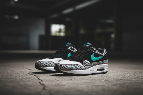 Atmos x Nike Air Max 1 Elephant pair on concrete moody editorial
