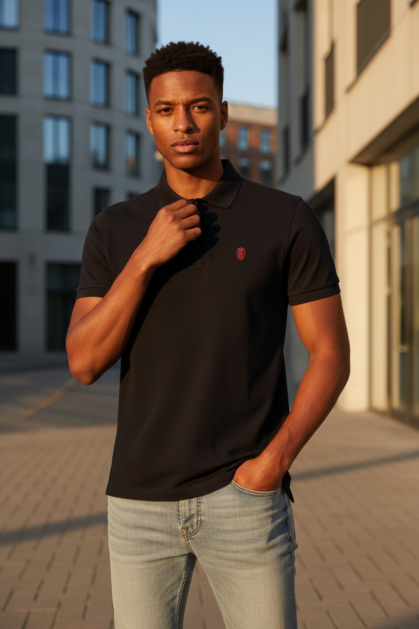 Model wearing black premium cotton polo shirt with red crowned shield logo