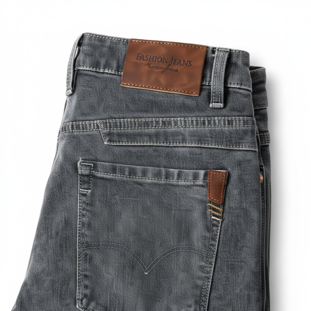 Close-up of grey denim back pocket stitching and brown leather brand patch