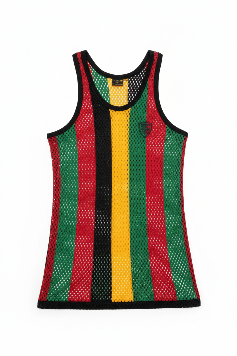 Red gold green striped mesh tank top with vertical stripes