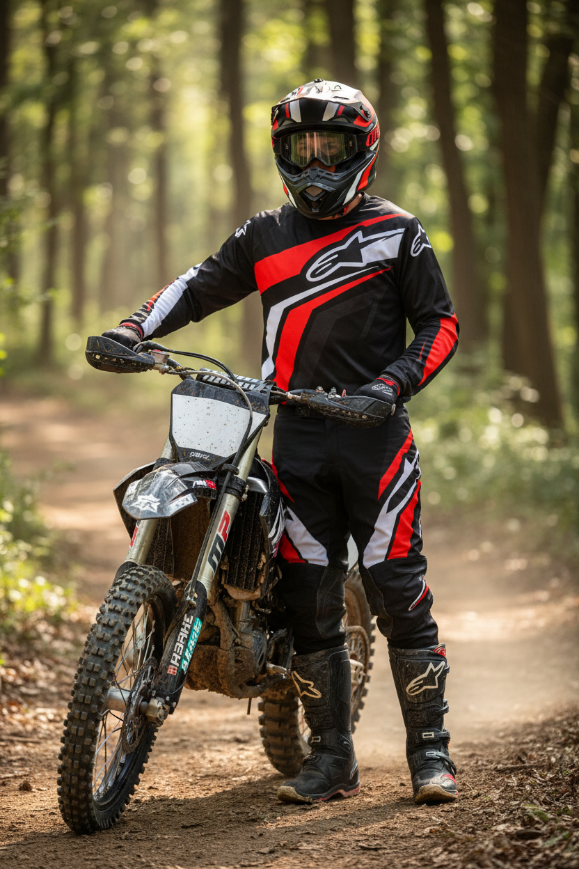Rider wearing motocross helmet with complete trail riding gear