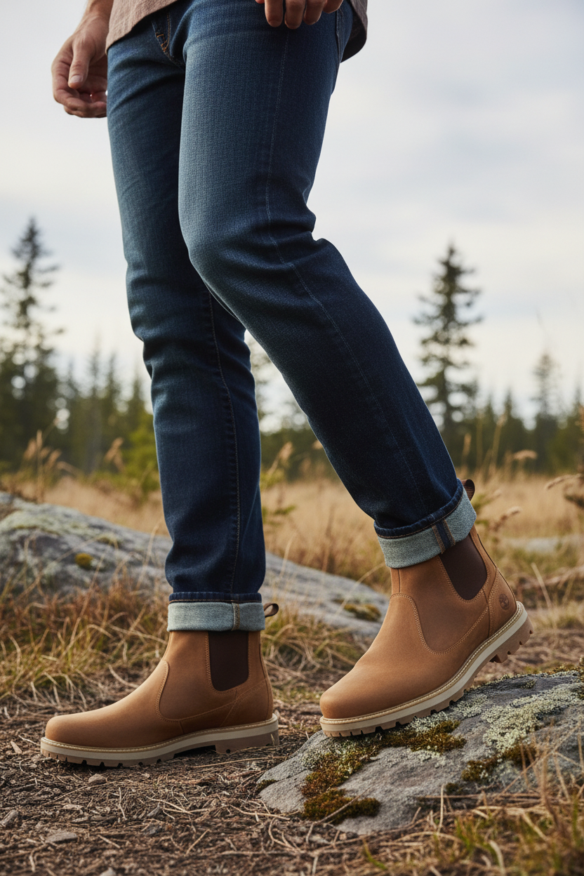 Lifestyle shot of boots styled with denim
