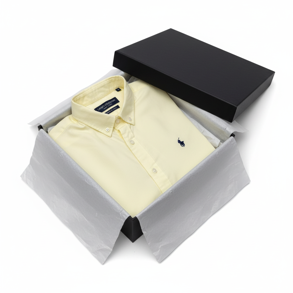 LC Shield Short Sleeve Oxford Shirt in Yellow – Luxury Unboxing Shot