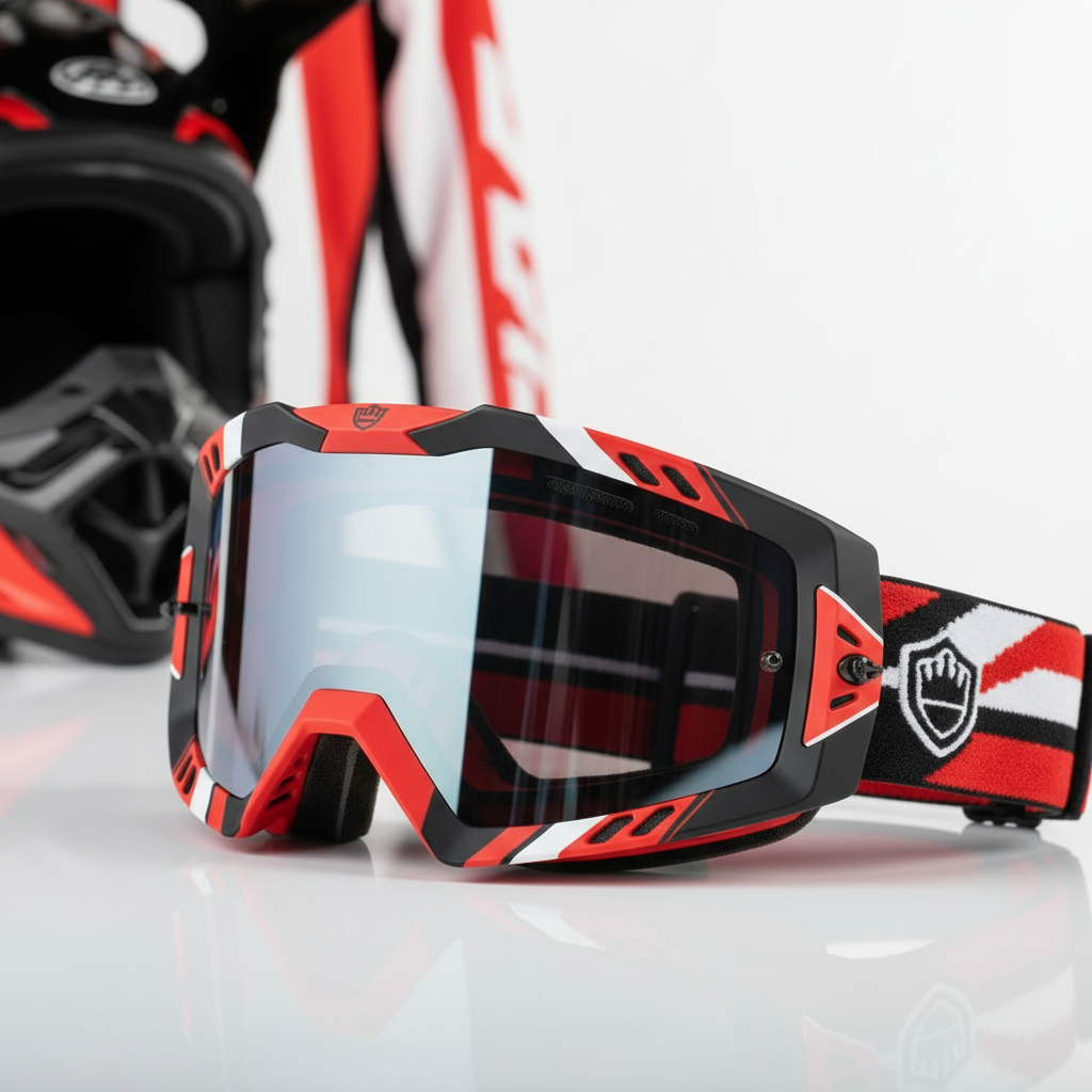 Close-up detail of goggles lens and crowned shield logo