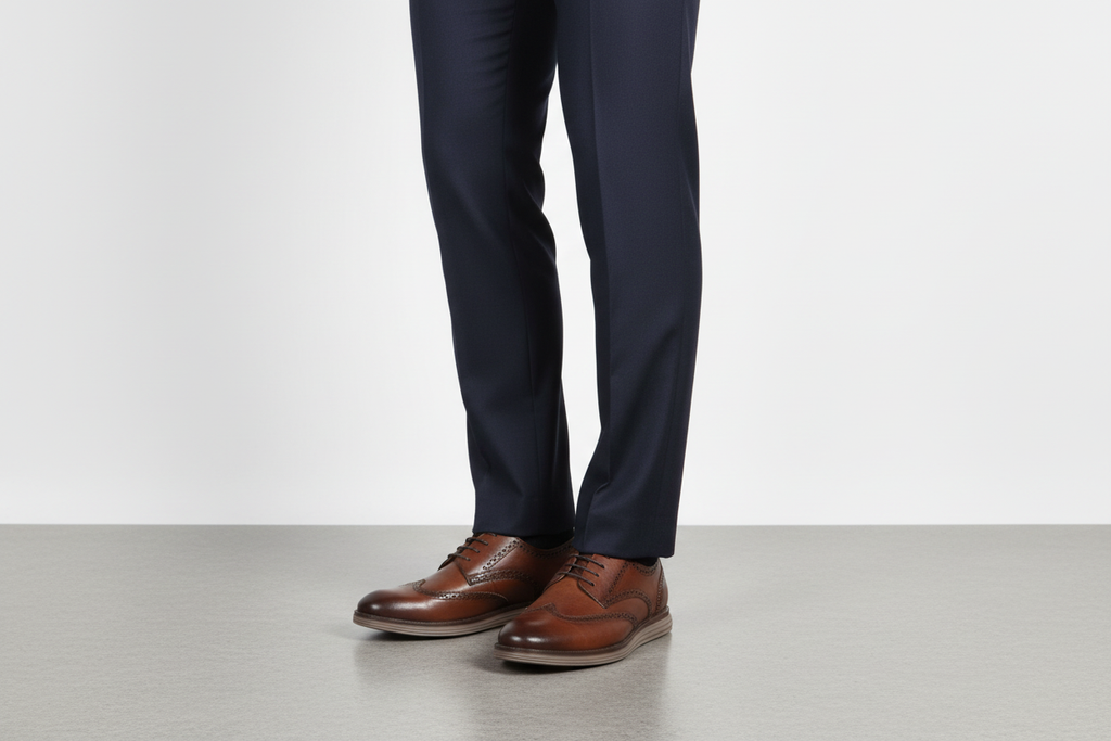 Brown leather brogue oxford shoes styled with navy trousers lifestyle shot