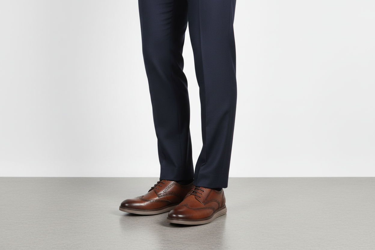 Brown leather brogue oxford shoes styled with navy trousers lifestyle shot