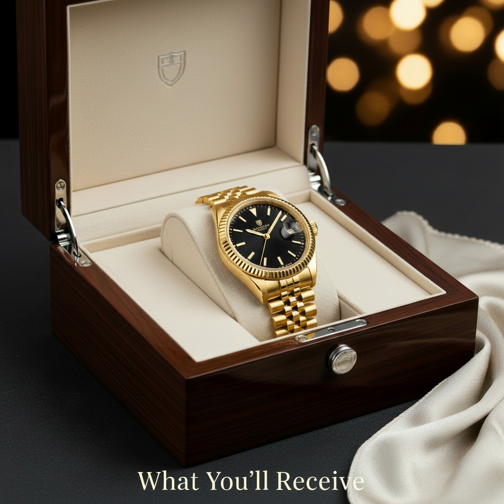 Premium Luxury Watch - Black Dial Yellow Gold