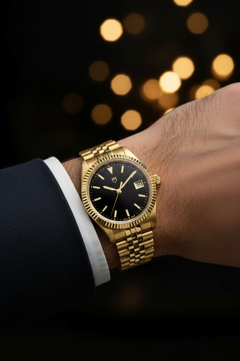 Premium Luxury Watch - Black Dial Yellow Gold